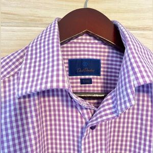 David Donahue Men’s Button-Down Dress Shirt - Purple & White Check, Medium Slim